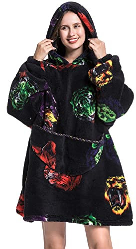 YAOMEI Unisex Übergroße Hoodie Sweatshirt Decke, Winter Warm Weich Sherpa Riesen-Hoodie Pullover Decke mit Kapuze Nachthemd Schlafanzug für Männer Frauen (Tigger)