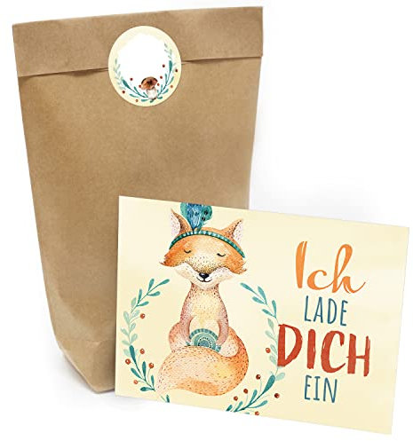 Kindergeburtstag Einladung Set mit je 8 Einladungskarten, Umschlägen, Tüten und Aufkleber - Fuchs