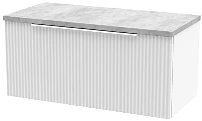 Hudson Reed DFF196LBG Fluted Modern Bathroom Wall Hung 1 Drawer Vanity Unit with Bellato Grey Laminate Worktop, 800mm, Satin White