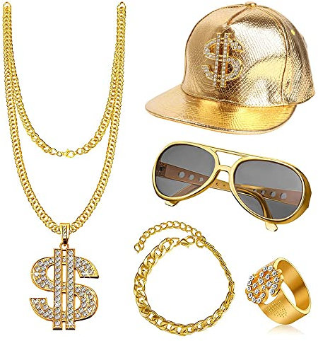 ZJRung Hip Hop Kostüm Kit 5 Stück 80/90er Rapper Zubehör Hip Hop Dollar Halskette Goldring Sonnenbrille Goldkette Baseball Cap für Fasching Karneval Party Zubehör
