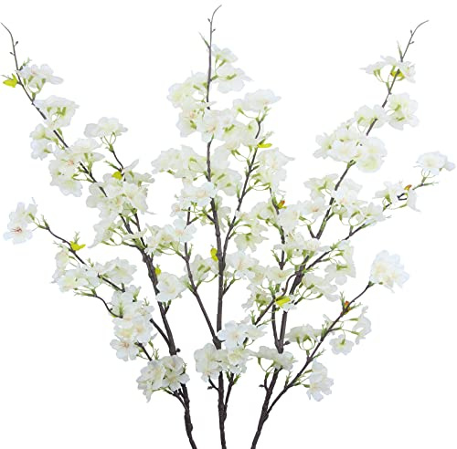 CISDUEO 3 Flores de Cerezo Artificiales de Seda Blanca a Granel con Hojas, Ramas de Cerezo, para decoración de Fiestas