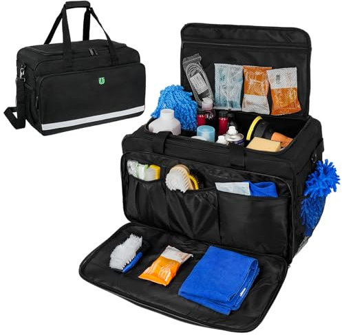 Jaffzora Große Auto-Detail-Tasche, Reinigungsbehälter für Auto-Detaillierung, Kofferraum-Organizer für Polierer und Fahrzeugwaschwerkzeuge, schwarz