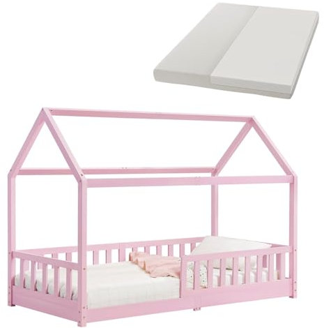 Juskys Kinderbett Marli 90 x 200 cm mit Matratze, Rausfallschutz, Lattenrost & Dach - Massivholz Hausbett für Kinder - Bett in Rosa