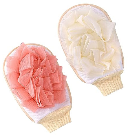 Lot de 2 gants de bain exfoliants pour homme et femme - Éponge de bain - Nettoyage en profondeur - Pour homme et femme (blanc laiteux, rose)