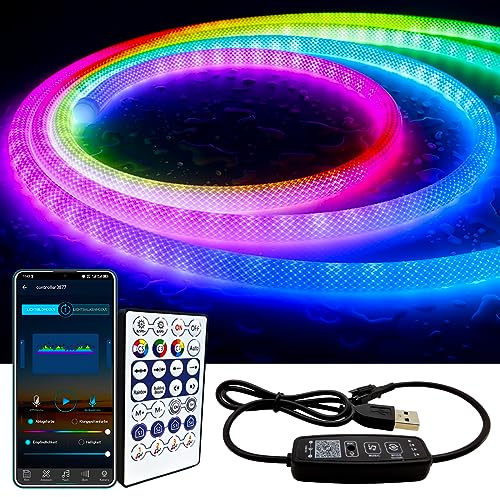 LOAMLIN WS2811 360 Grad Neon LED Strip 2M, Rund Netzförmig Neon LED Streifen mit App-Steuerung, Musik Sync, Nylon Flexible Traum bunte Seil Licht, Schlafzimmer Indoor Outdoor Dekoration, DC5V