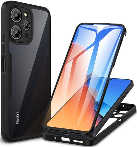 CENHUFO für Xiaomi Redmi 12 Hülle, 360 Grad Schutzhülle Stoßfest Panzerhülle mit Eingebautem Displayschutz Robust Bumper Cover Transparent Case komplett Handyhülle für Xiaomi Redmi 12 4G - Schwarz