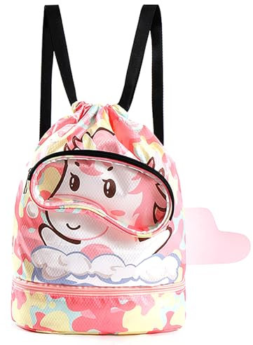 bainuote Schwimmtasche Kinder Turnbeutel Mädchen Jungen Wasserdicht Schwimmrucksack Trainingstasche Wochenend Sporttasche Strandrucksack mit Kordelzug, mit Nassfach und Trockener, Pink