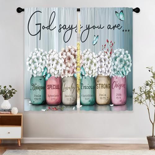 Laifzere - Cortinas campestres con diseño floral rústico, inspiradoras, verde azulado, decoración de dormitorio, salón para ventana, dobladillo para barra, 2 paneles (107 x 114 cm)