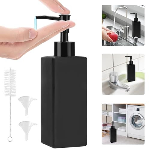 ADERTOS Black Soap Dispenser Matte Black Handwash Dispenser Soap Lotion Pump Bottle Dispenser Refillable Empty Press Pump Bottles Container with Funnel and Brushes for Kitchen Bathroom, 350ml/12oz