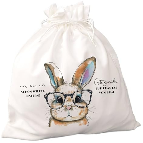 FEENSTAUB Ostersackerl, Ostern Geschenkverpackung Stoff, personalisierbar, Ostersäckchen mit Namen und Text, Geschenkbeutel Ostern, Alternative zum Osterkörbchen, bedruckt mit Osterhasen