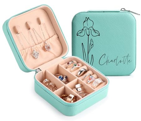 MeMeDIY Personalisierte Schmuckschatulle mit Namen/Blume Individuelles Leder Reise-Schmuckkästchen Schmuck-Organizer-Box Hochzeit Brautjungfer Geschenke für Frauen und Mütter D1-Blau