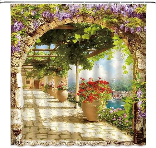 TACOKI Rideau de Douche Paysage Naturel Italien, Rideau de Douche 180x180 Anti Moisissure Rideau Baignoire Style Campagnard Rideau Douche Polyester Shower Curtain 3D Rideaux Salle de Bain A3013
