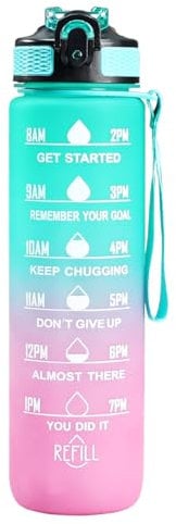 VegiMax 1L Sports Water Bottle with Straw Time markings, handle and Leakproof Design BPA-free Plastic water drink for Kids Boys Girls Hiking Gym Fitness Outdoor Cycling School & Office (Green Pink)