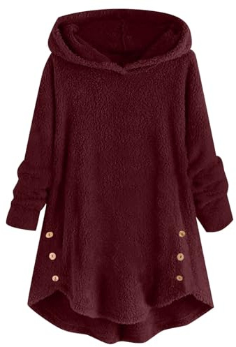 Uwdiohq Damen/Winter Einfarbig Langarm Plüsch Warm Kapuzenknopf Top Bären Zipper Hoodie Oversized Bauchfrei Pullover Plueschjacke Mit Kapuze Sweatshirt 4XL