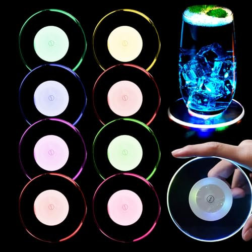 SPORWAY Lot de 8 dessous de verre LED : sous-verres colorés LED lumineux sous-verres pour boissons sous-verres étanches carrés pour fêtes, mariages, bars, Noël