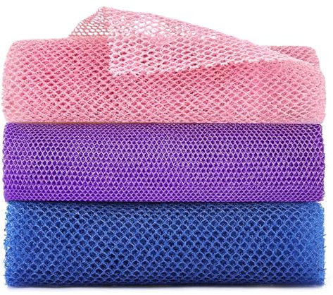 3 Pcs African Exfoliating Net, African Net Long Bath Net Sponge Nylon Back Scrubbers Skin Smoother Deep Cleaning African Net Bathing Sponge for Men and Women Deep Cleaning (Purple Pink Blue)