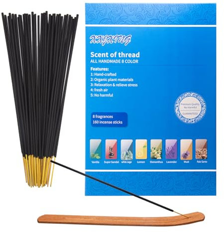 XXJXING Räucherstäbchen Set：Weißer Salbei,Palo Santo,Vanille,Limone, Lavanda,Osmanto, Sandalo Laoshan,Moschus。8 Packungen 160 Sticks1 x Räucherstäbchen Halter