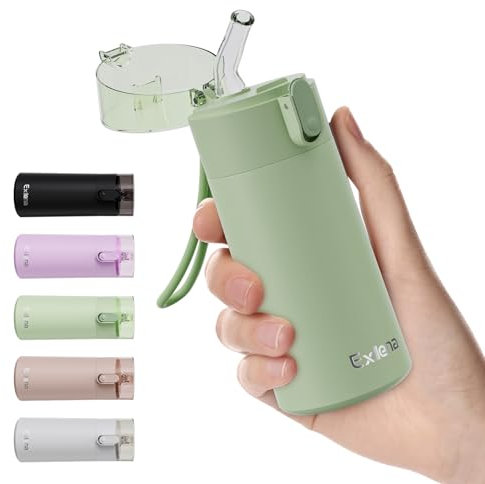 Exllena Petite Gourde Isotherme 150ml avec Paille à Ouverture Une Main, Mini Bouteille Isotherme Anti-Fuites & Design Ultra-Compact, Idéale pour le Sport, Bureau ou En Voiture(Vert Menthe)