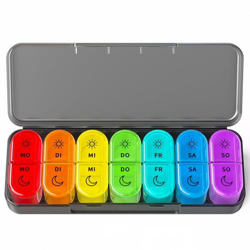 Doruimi Tablettenbox 7 Tage Morgens Abends, BPA Frei Pillendose Klein für Unterwegs, Medikamentenbox 7 Tage 2 fächer Große Fächer für Medikamente, Vitamine, Fischöl - Schwarz