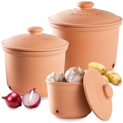 Römertopf Freshness Storage Potato Onion Garlic Clay Pot Set of 3 with Lids - Terracotta