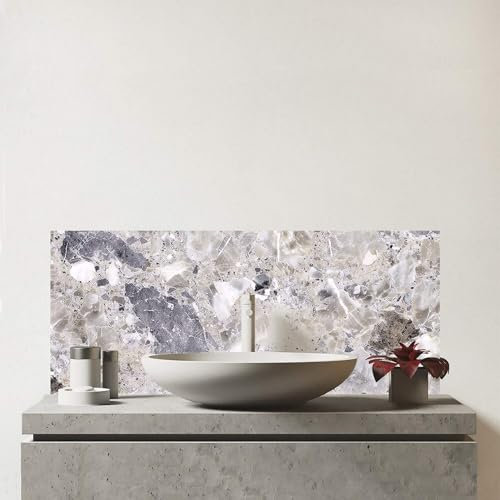 Warren Reed - Designer Premium Silver Quartz Effect Glass Bathroom Splashback 6mm Toughened Glass – Water-Resistant Wall Protector for Basins & Sinks, Polished Edges