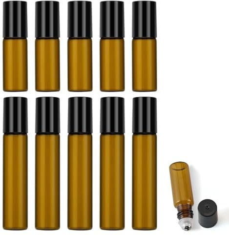 CATOR Lot de 10 bouteilles en verre roll-on vides de 3/5 ml pour huile essentielle, avec rouleau en acier inoxydable, entonnoir, ouvre-bouteille, étiquettes, pipettes pour huiles essentielles