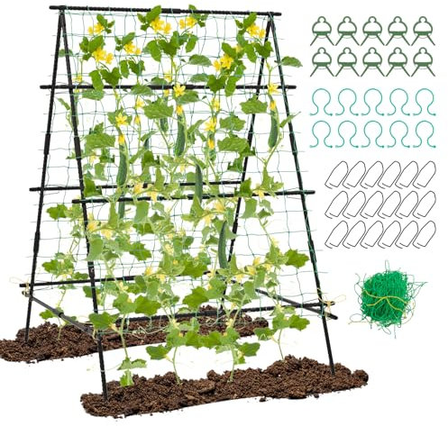 COSTWAY Gurke Rankhilfe Set, A-förmig, Pflanzenhalter mit Gartennetz & Pflanzenclips, Rankgitter Metall, Pflanzenstütze für Kletterpflanzen Blumen Nutzpflanzen, Schwarz, 130 x 105 x 151 cm