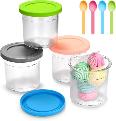 RSWDE Creami Behälter für Ninja Creami NC300EU,4 Stück Eismaschine Zubehör mit Silikon Deckel für Ninja Eismaschine, Creami Becher mit Eisportionierer mit Ninja Ice Cream MakerNC299EU NC301EU