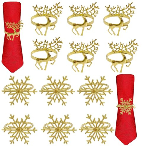 12 Stück Serviettenring Weihnachten Gold, Servietten Ringe, 6 Schnee Flocke Rentier Napkin Rings, 6 Schneeflocke Metall Serviettenschnallen für Party Tisch Dekoration Zubehör (Gold)