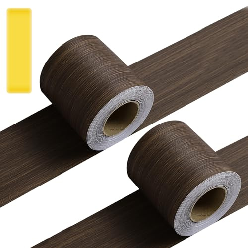 Thatyro 1.9 Inch x 65.6 Ft Walnut Wood Grain Wallpaper Border, Mirror Frame Border Tape Peel and Stick, 2 Roll Self Adhesive Waterproof PVC Mirror Frame Sticker for Bathroom Kitchen Table Decor Cover