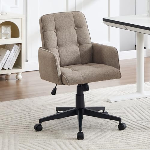 DAYALANE Homeoffice Stuhl aus Leinen, Bürostuhl höhenverstellbar Drehstuhl mit Armlehnen, Schreibtischstuhl Wippfunktion für Büro Arbeitszimmer Schlafzimmer Schminken Gaming, Braun