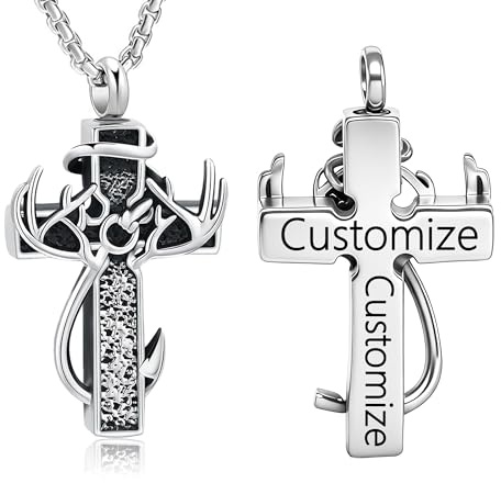 GBAFGLC Cross Urn Necklace for Ashes for Women Men Deer Antler Cremation Jewelry Fish Hook Urn Pendant Memorial Ashes Holder Keepsake Jewellery Gift (Customise)
