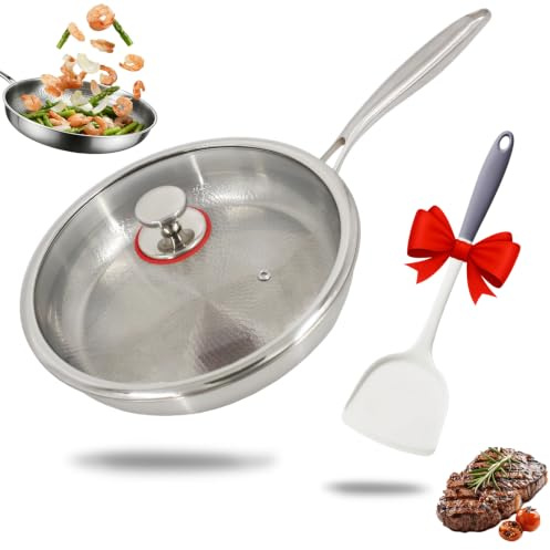 ANEELV Padella in titanio non rivestita 26 cm, martellata, con coperchio in vetro e spatola – per induzione e fuoco vivo, ideale per cucina e campeggio