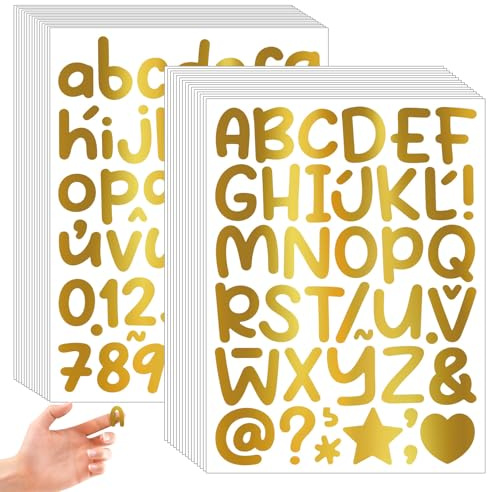 MUWINC 1 Zoll Selbstklebende Buchstaben Aufkleber Groß Handmade Set | 1380 Stück Gold Cartoon Scrapbook Kawaii Alphabet Symbole Sticker für Tassen, Grußkarten Usw. (Niedlicher Schriftstil)