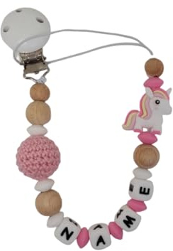 Personalisiertes Schnullerhalter mit Namen für Mädchen oder Junge Individuell gestaltetes Babygeschenk personalisiert zur Geburt & Taufe (Einhorn)