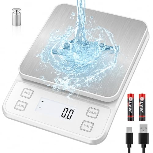 Diyife IP67 Wasserdichte Küchenwaage, 0.1g/10kg Hohe Präzision Waage Küche | Weiß, 10 Einheiten Wiederaufladbar, Tara, Einstellbare Automatische Abschaltung, LCD-Display, Stummschalten, Zählfunktion