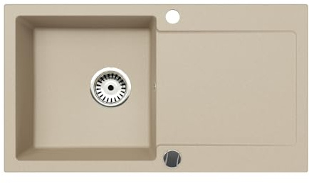 Faizee Home | Element Granitspüle 90 x 50 cm Beige – Einbauspüle aus Granit mit Abtropffläche | Reversibel montierbar | Ohne Armatur | Inkl. Siphon-Set