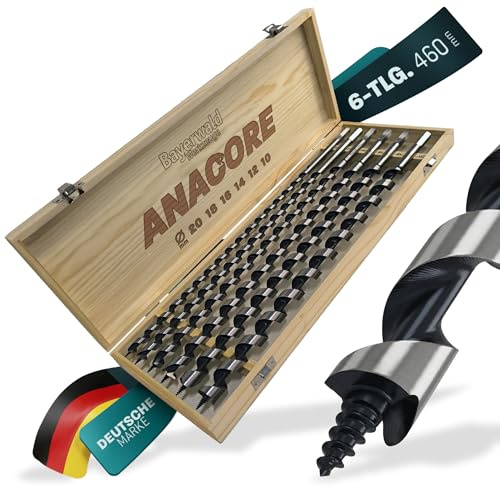 Schlangenbohrer Set 6-tlg. – HCS Holzbohrer 460 mm extra lang Ø10-20 mm für tiefe Bohrungen Weich- & Hartholz – Bayerwald Werkzeuge ANACORE 6 - präzise Zentrierspitze, 6kant Schaft Holzkoffer
