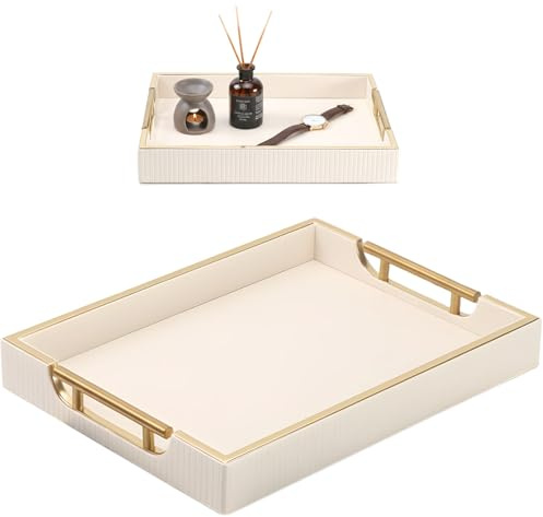 Leather Serving Tray with Handles, 35.5* 25.5*5cm Desktop Decorative Tray | Rectangular Bathroom Trays for Cosmetics, Key, Sundries, Storage Organizer Plate for Ottoman Coffee Table, Bar, Home