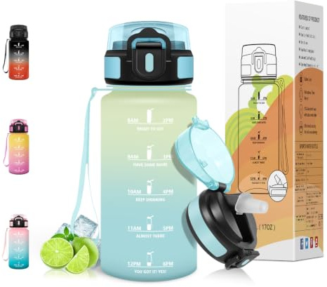 Motswedi Gourde Sport 500ml, avec Paille, Bouteille d'eau, Anti-Fuite, Bouteille Plastique, Marqueur de Temps de Motivation, pour Gym, École, Bureau, Bleu foncé