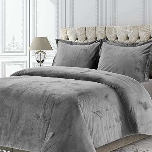Tribeca Living VENICEDUVETKIGR Venice Velvet Oversized Solid Duvet Set, King, Smoke Grey | Plush 260 GSM Velvet, Oversized, 3-Piece Set, Hidden Button Closure, Internal Corner Ties, Machine Washable
