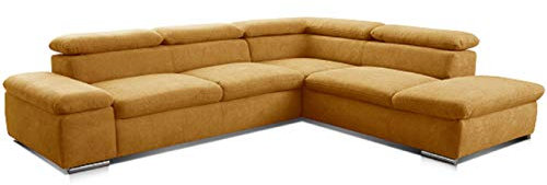 Cavadore Ecksofa Alkatraz / Modernes L-Form Schlafsofa mit Bett, Ottomane und verstellbaren Kopfteilen / Maße: 272 x 73 x 226 / Webstoff, Gelb