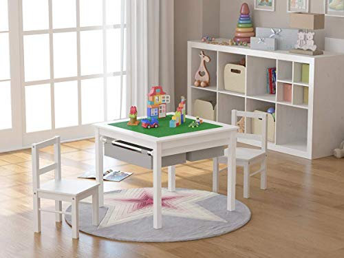 UTEX 2 In 1 Kids Activity Table and Chair Set with Storage Drawers Wooden Childrens Building Blocks Table Sets Built In Plate Construction Toys Table White