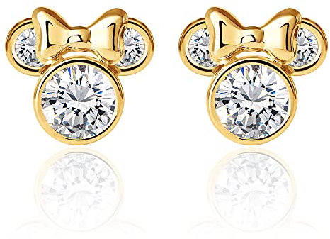Disney Minnie Mouse Ohrringe mit 9 karät Gelbgold für Mädchen, verziert mit Zirkonia Geburtsstein, Klar