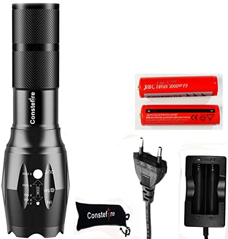 Constefire Torcia LED Fuoco Regolabile,(Max 1200lm; Impermeabile IPX5;Illuminazione ;5 modalità,) 18650 Batteria Ricaricabile e Caricabatteria Incluse