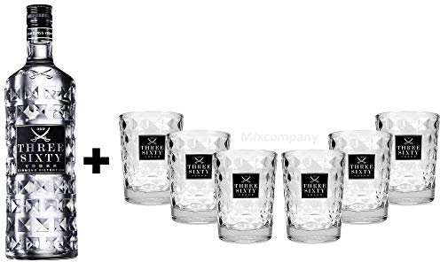 Three Sixty Set Geschenkset ? Three Sixty Vodka Wodka 1L 1000ml (37,5% Vol) + 6x Tumbler 0,2l 200ml Facettenschliff Glas- [Enthält Sulfite]
