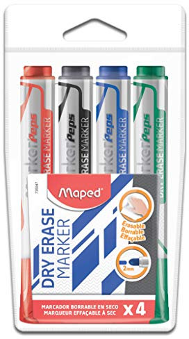 Maped Marker, trocken abwischbar, 4 Stück, Blau, Schwarz, Rot, Grün – Rundspitze, 2 mm – Weiße, Schiefer und nicht poröse Oberflächen