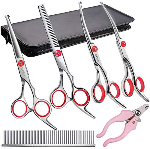 Elfirly Professionelle Hundepflege Schere Kit Edelstahl Runde Spitze Schneiden Ausdünnung Gebogene Schere Kämmen Pet Hair Trimming Schere Set mit extra Hund Nagelknipser für Hunde und Katzen
