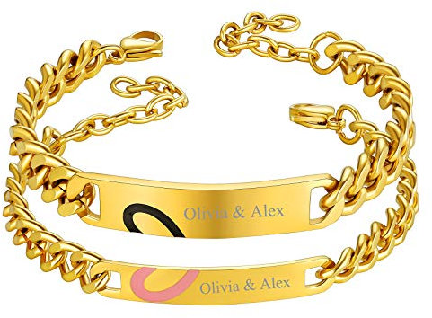 ChainsHouse Dos Pulseras Oro de Pareja Placa Identificativa de Nombre Grabado Acero