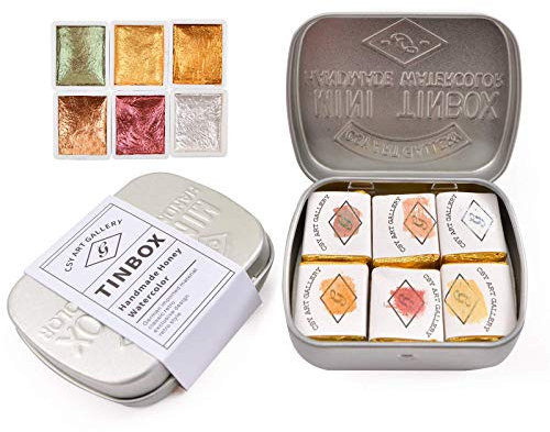 Csy Art Supplies handgefertigtes Aquarellfarben-Set – 6 metallische Farben, halbe Näpfchen, Glitzer, feste Wasserfarbe, Metallgehäuse, glitzernd, für Künstler, Studenten und Hobbyisten